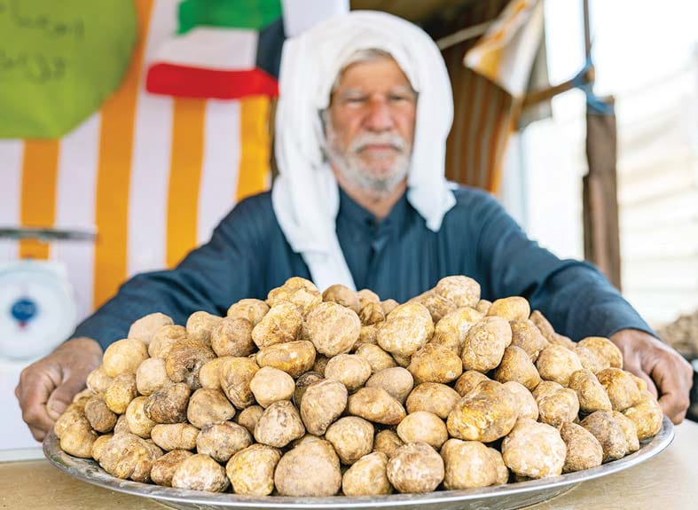 A salesperson showing Kuwaiti desert truffles for sales